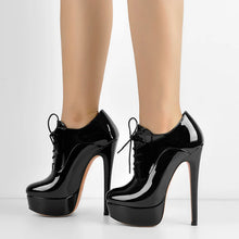 Load image into Gallery viewer, Women Black Platform Ankle Boots High Heels Lace Up Patent Leather Stiletto