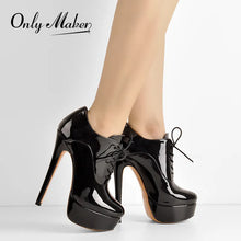 Load image into Gallery viewer, Women Black Platform Ankle Boots High Heels Lace Up Patent Leather Stiletto