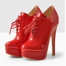 Load image into Gallery viewer, Women Black Platform Ankle Boots High Heels Lace Up Patent Leather Stiletto
