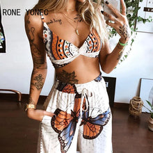 Load image into Gallery viewer, Women Two Pieces Set Butterfly Graphic Print Crop Top & Wide Leg Pants