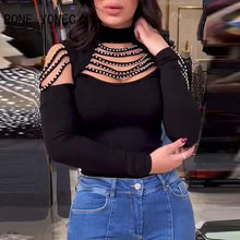 Load image into Gallery viewer, Women Chic Rhinestone Patchwork Hollow Out Off Shoulder Long Sleeves Sexy Black Basic Blouse Tops