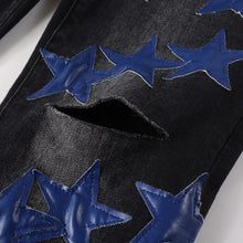 Load image into Gallery viewer, Men Blue Leather Star Patches Stretch Denim Jeans