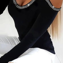 Load image into Gallery viewer, Women Chic Basic Rhinestone Patchwork Off Shoulder Long Sleeves Sexy Black Blouse Tops