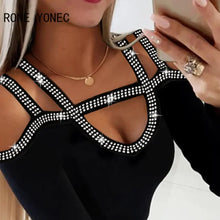 Load image into Gallery viewer, Women Chic Basic Rhinestone Patchwork Off Shoulder Long Sleeves Sexy Black Blouse Tops