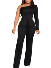 Load image into Gallery viewer, White 2 Piece Sets Women Outfits Autumn Slanted Shoulder Nail Bead Top Pants