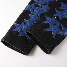 Load image into Gallery viewer, Men Blue Leather Star Patches Stretch Denim Jeans