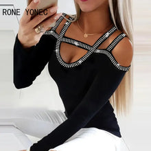 Load image into Gallery viewer, Women Chic Basic Rhinestone Patchwork Off Shoulder Long Sleeves Sexy Black Blouse Tops