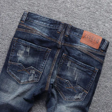 Load image into Gallery viewer, Italian Style Fashion Men Jeans Retro Dark Blue Elastic Slim Fit Ripped Jeans