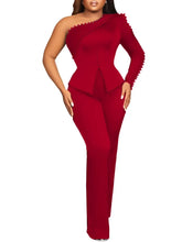 Load image into Gallery viewer, White 2 Piece Sets Women Outfits Autumn Slanted Shoulder Nail Bead Top Pants