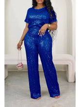 Load image into Gallery viewer, Casual Sequin Two Piece Set for Women Fashion Solid Short Sleeved shirt Wide Leg pants