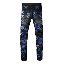 Load image into Gallery viewer, Men Blue Leather Star Patches Stretch Denim Jeans
