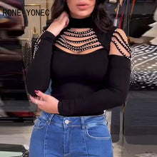 Load image into Gallery viewer, Women Chic Rhinestone Patchwork Hollow Out Off Shoulder Long Sleeves Sexy Black Basic Blouse Tops