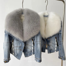 Load image into Gallery viewer, Women Winter New Fox Fur Collar Denim Down Jacket Short Casual White Goose