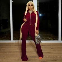 Load image into Gallery viewer, Women's two-piece solid color cardigan long sleeved sexy open navel casual sports set