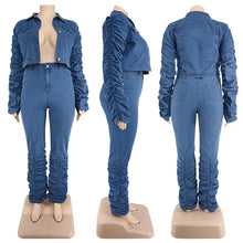 Load image into Gallery viewer, Denim Plus Size Sets Women 2 Piece Set Puff Long Sleeve Jacket Stretch Stacked Jeans Fall Winter Clothes Wholesale Dropshipping