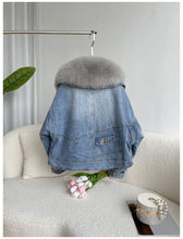 Load image into Gallery viewer, Women Winter New Fox Fur Collar Denim Down Jacket Short Casual White Goose