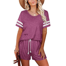 Load image into Gallery viewer, Spring and summer new women's short-sleeved striped T-shirt pocket shorts casual two-piece suit - nevaehshalo