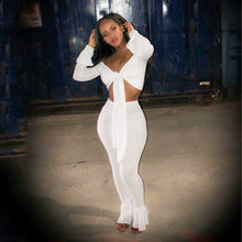 Load image into Gallery viewer, Sexy Woman Shining Wire 2 Piece Suit Tie Bow Off Shoulder Flare Sleeve Top And Skinny Pants High Stretchy Bell bottoms Outfits - nevaehshalo