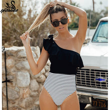 Load image into Gallery viewer, Sexy One Shoulder Ruffle Swimwear Lace One Pieces Swimsuit Black White Striped Bathing Suits Beach Wear Swim Monokini S-XL - nevaehshalo