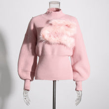 Load image into Gallery viewer, Patchwork Feather Knitting Sweater For Women Stand Collar Lantern Sleeve Solid Minimalist Sweaters Female Clothing