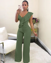 Load image into Gallery viewer, One Shoulder Ruffles Jumpsuits For Women Fashion V Neck Long Wide Leg Pants - nevaehshalo