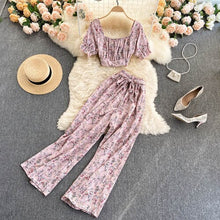 Load image into Gallery viewer, Summer Women Style Chiffon Printing Sweet Two Piece Set Short Shirt High Waist Wide Leg Pants - nevaehshalo