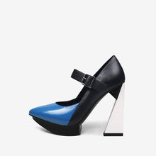 Load image into Gallery viewer, New Platform Women Pointed Toe Blue Mixed Black Leather High Heels