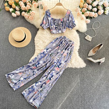 Load image into Gallery viewer, Summer Women Style Chiffon Printing Sweet Two Piece Set Short Shirt High Waist Wide Leg Pants - nevaehshalo