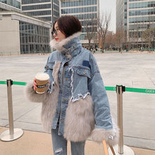 Load image into Gallery viewer, Winter New Denim Stitching Fur Coat