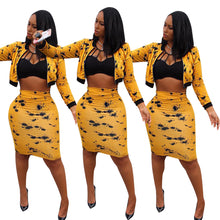 Load image into Gallery viewer, Two Piece Matching Set Black Yellow Print Clothes Long Sleeve Front Zipper Top+ Skirts - nevaehshalo