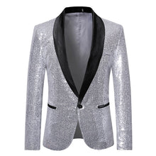 Load image into Gallery viewer, Black Sequin One Button Shawl Collar Suit Jacket Men Bling Glitter Nightclub Prom DJ Blazer Jacket Men Stage Clothes for Singers - nevaehshalo