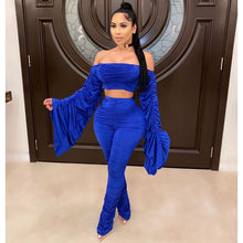 Load image into Gallery viewer, Spring Summer Two Piece Set Women Solid One Shoulder Shirring 2 Piece Sets Pant Suits Club Outfits Streetwear Wholesale Items - nevaehshalo