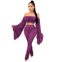 Load image into Gallery viewer, Spring Summer Two Piece Set Women Solid One Shoulder Shirring 2 Piece Sets Pant Suits Club Outfits Streetwear Wholesale Items - nevaehshalo