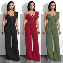 Load image into Gallery viewer, One Shoulder Ruffles Jumpsuits For Women Fashion V Neck Long Wide Leg Pants - nevaehshalo