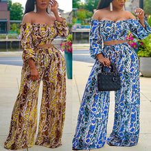 Load image into Gallery viewer, Sexy One-Shoulder Long-Sleeved Crop Top Printed Wide-Leg Pants Suit Two-Piece - nevaehshalo
