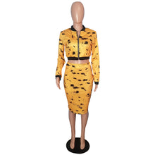 Load image into Gallery viewer, Two Piece Matching Set Black Yellow Print Clothes Long Sleeve Front Zipper Top+ Skirts - nevaehshalo