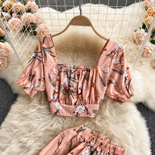 Load image into Gallery viewer, Summer Women Style Chiffon Printing Sweet Two Piece Set Short Shirt High Waist Wide Leg Pants - nevaehshalo