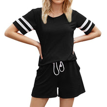 Load image into Gallery viewer, Spring and summer new women's short-sleeved striped T-shirt pocket shorts casual two-piece suit - nevaehshalo