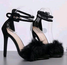 Load image into Gallery viewer, Women Pumps Snake Black High Thin Heels Ankle Strap Platform Fluffy Rabbit Fur