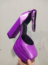 Load image into Gallery viewer, Super High Heel Platform Thick Heel Hollow Square Toe Satin Hate Sky High Baotou Plus Size Catwalk Sandals High Heels - nevaehshalo