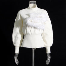 Load image into Gallery viewer, Patchwork Feather Knitting Sweater For Women Stand Collar Lantern Sleeve Solid Minimalist Sweaters Female Clothing