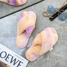 Load image into Gallery viewer, Autumn/Winter New Style Colorful Plush Slippers Cross Strap Soft Plush Flat-Bottomed Large Size Home Cotton Slippers Women's Shoes - nevaehshalo