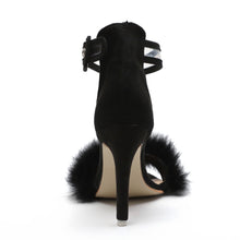 Load image into Gallery viewer, Women Pumps Snake Black High Thin Heels Ankle Strap Platform Fluffy Rabbit Fur