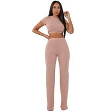 Load image into Gallery viewer, Women knitted long sleeve o-neck crop top wide leg pants 2 piece set for female women tops pants two pieces sets women's suits - nevaehshalo
