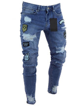 Load image into Gallery viewer, Men's Ripped jeans Badge Letters Hip-hop Skinny Jogging Denim Fashion Pencil Long Trousers Distressed Jeans For Men Clothing - nevaehshalo