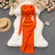 Load image into Gallery viewer, Women Korean Knitted Dress Long Sleeve V Neck Elastic Slim Pencil Dresses Autumn Sexy Bodycon Split Sweater Dress - nevaehshalo