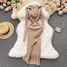 Load image into Gallery viewer, Women Korean Knitted Dress Long Sleeve V Neck Elastic Slim Pencil Dresses Autumn Sexy Bodycon Split Sweater Dress - nevaehshalo