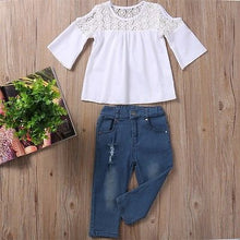 Load image into Gallery viewer, Kids Girls Summer Lace Tops T-Shirt+Denim Jeans Pants Outfits Set - nevaehshalo