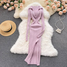 Load image into Gallery viewer, Women Korean Knitted Dress Long Sleeve V Neck Elastic Slim Pencil Dresses Autumn Sexy Bodycon Split Sweater Dress - nevaehshalo