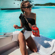 Load image into Gallery viewer, Sexy One Shoulder Ruffle Swimwear Lace One Pieces Swimsuit Black White Striped Bathing Suits Beach Wear Swim Monokini S-XL - nevaehshalo